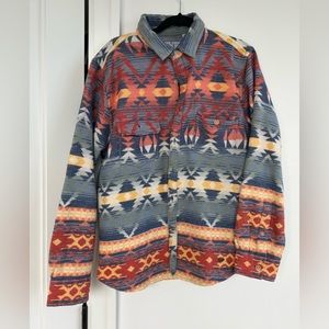 Origins True Grit Aztec Print Shirt Size Large Blue/Red/Yellow/Orange